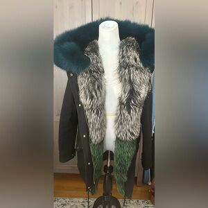 Moose Knuckles Black Jacket with Green and Gray Fur Trim